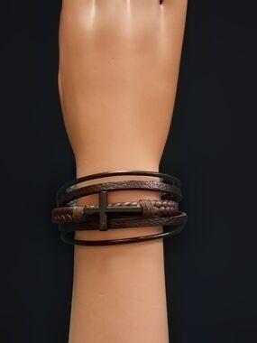 Brown Multi-Strand Leather Cross Bracelet (Unisex)